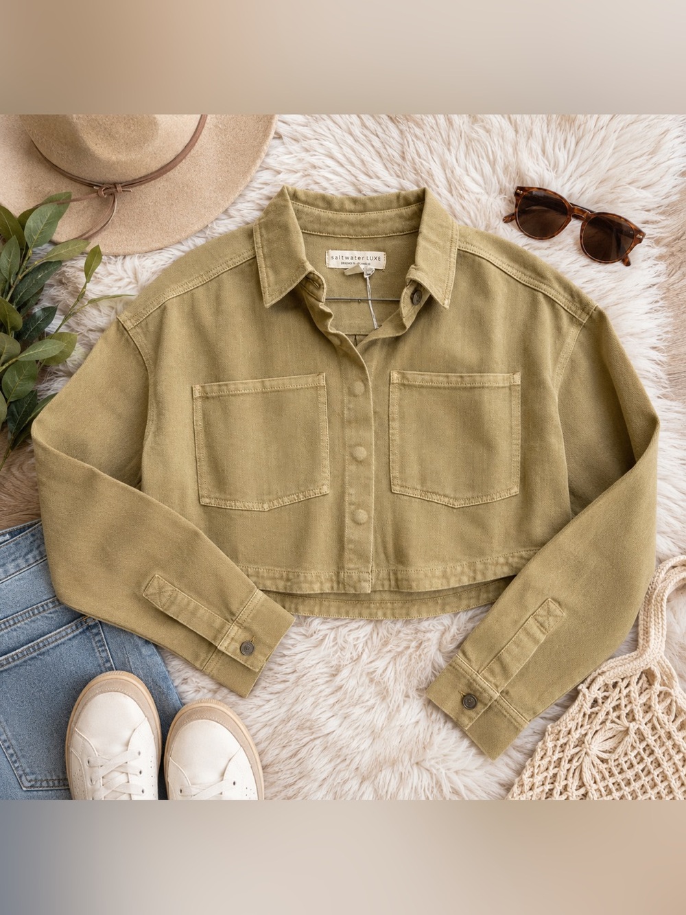 Saltwater Luxe Mayan Cropped Utility Jacket Tan Cotton Shacket NWT Size Small